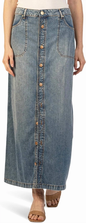 Liora Button Front Long Denim Skirt In Med Wash Slip Resistant Waist