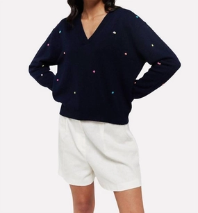 Little Pom Millie V-Neck Jumper In Navy Everyday Comfort Fade Resistant Textiles