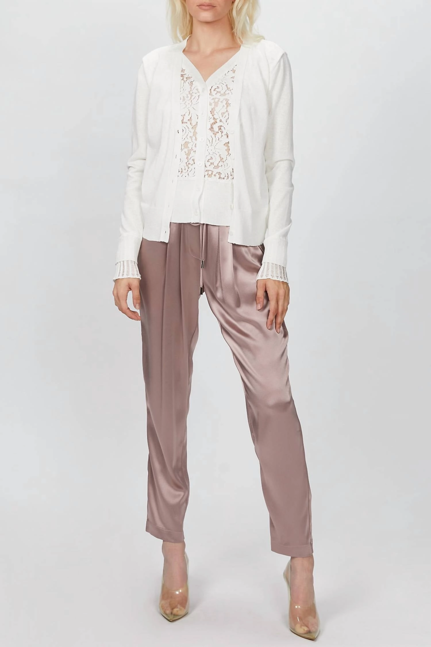 Elegant Comfort Ethical Production Knitwear Lace Paneled Cardigan In Ivory
