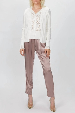 Elegant Comfort Ethical Production Knitwear Lace Paneled Cardigan In Ivory