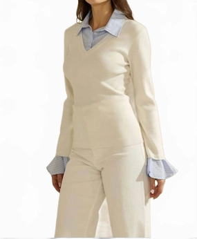Sweater Top With Contrast Neck & Cuffs In Ivory/sky Breathable Knit Wear