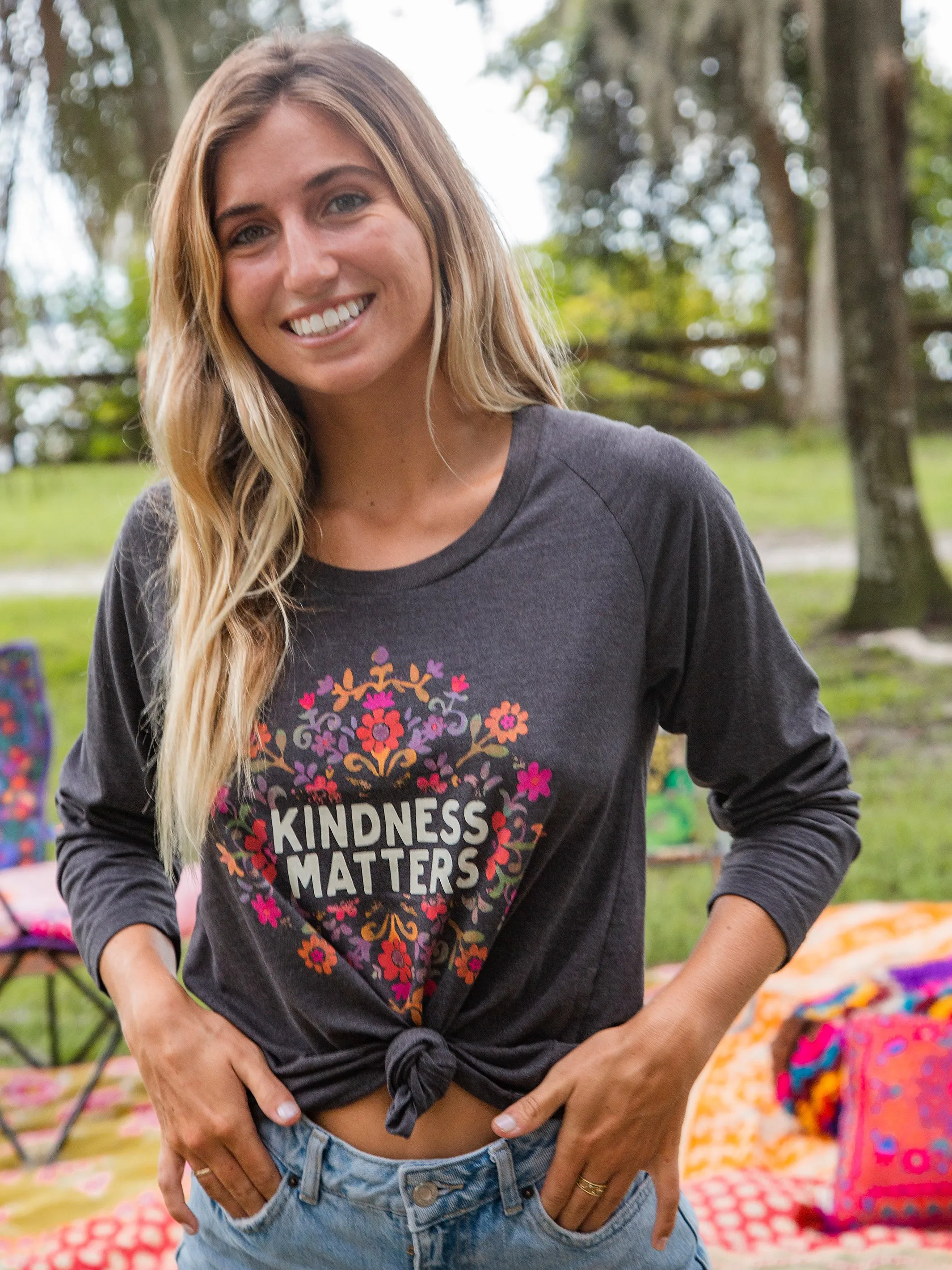 Long Sleeve Boho Cotton Tee Shirt - Kindness Matters Versatile Fashion