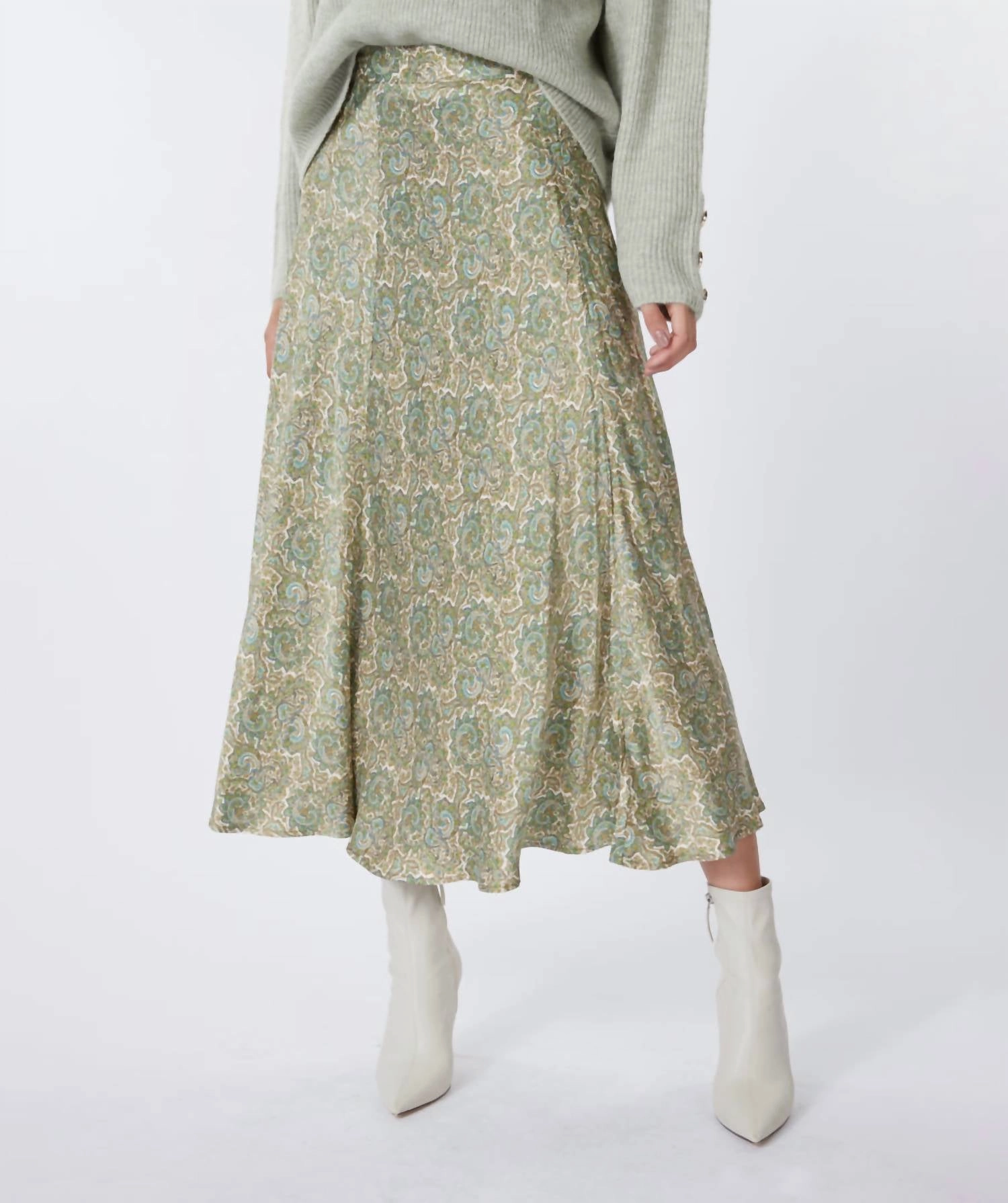 Long Hideaway Print Skirt In Olive Knee Length