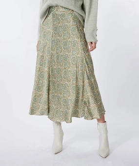 Long Hideaway Print Skirt In Olive Knee Length