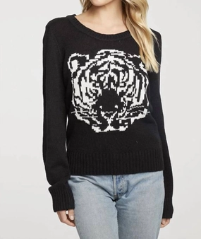 Cold Weather Gear Thermal Lining Long Sleeve Crew Neck Sweater Tiger In Black