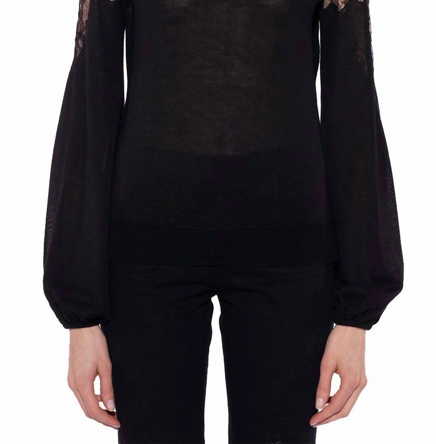 Long Sleeve Knit With Lace Detail Round Neck Jumper In Black Stylish Everyday Wear Non Restrictive Armhole