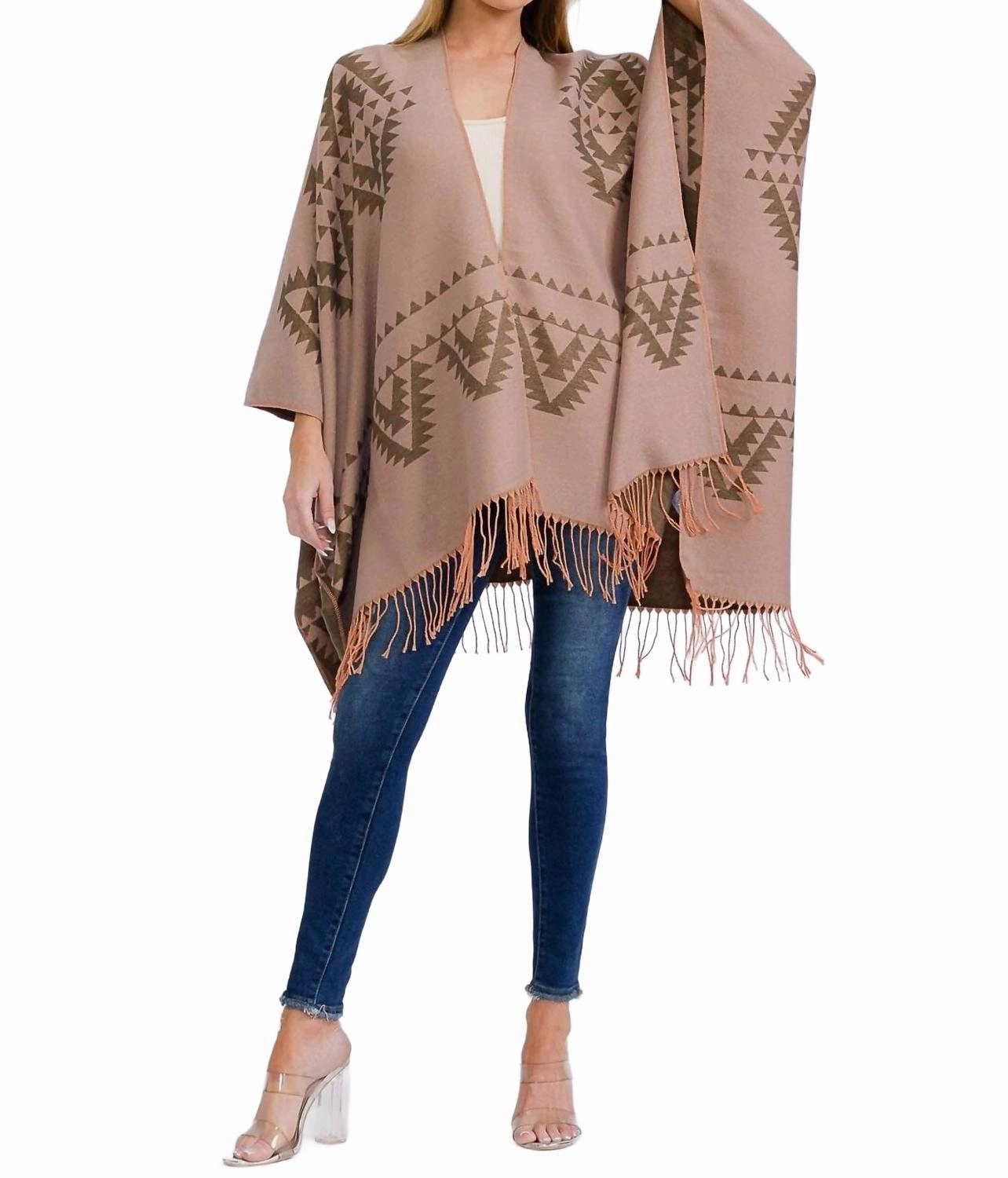 Long Sleeve Reversible Poncho In Taupe Snuggle Comfort