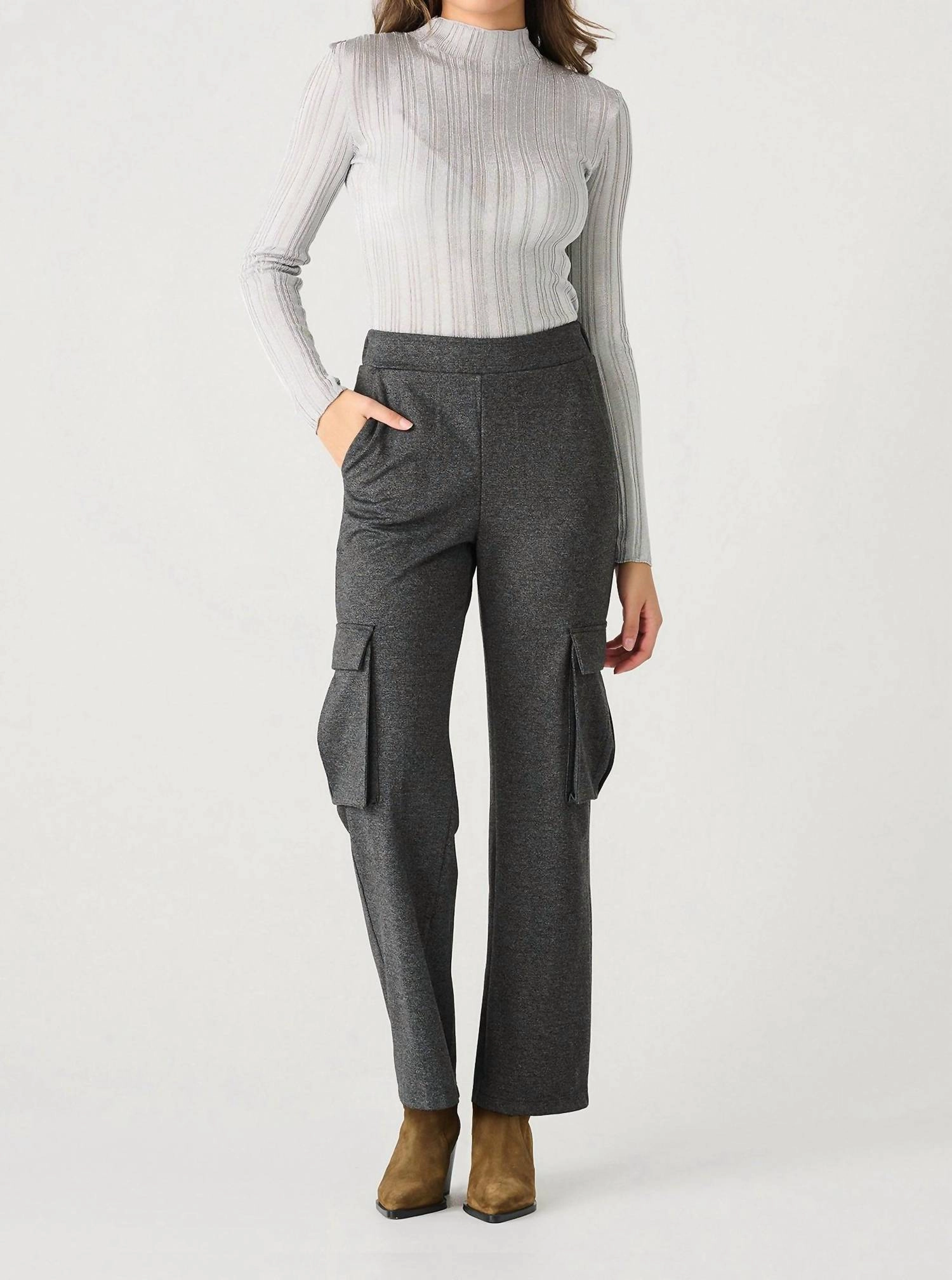 Wrinkle Resistant Textile Long Sleeve Ribbed Shimmer Top In Silver