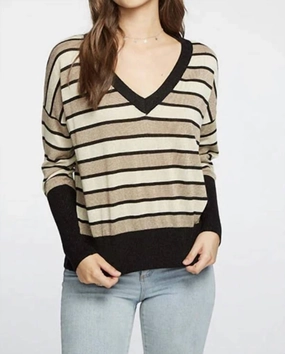 Knitted Fashion Long Sleeve Striped V-Neck Sweater In Black & Gold Stripe