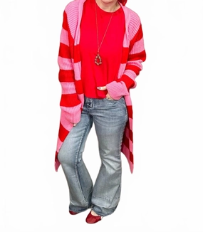 Modern Knitwear Love Stripes Sweater Cardigan In Pink And Red