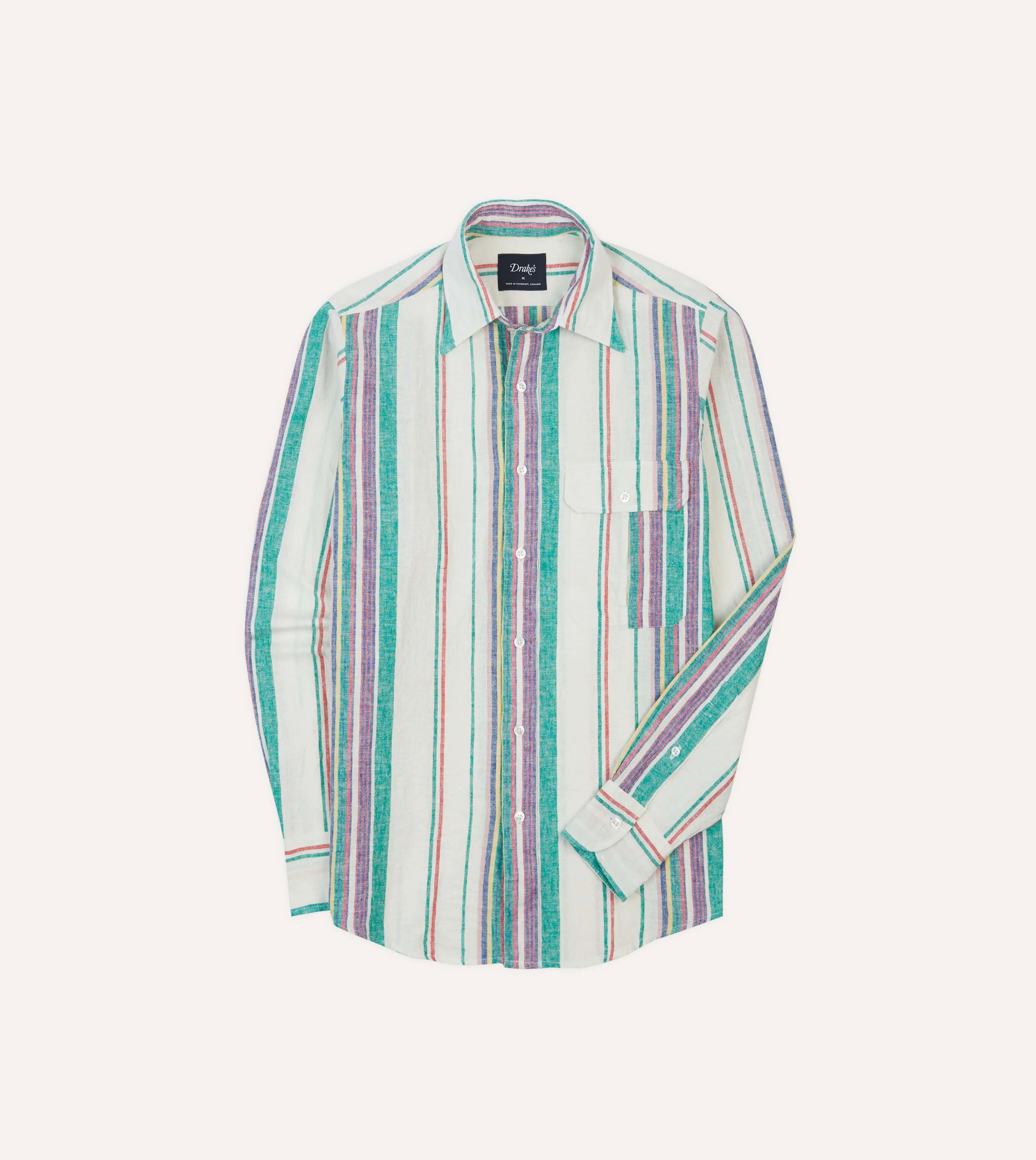 Student Essential Ecru, Purple and Green Stripe Linen-Cotton Long Point Collar Shirt