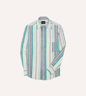 Student Essential Ecru, Purple and Green Stripe Linen-Cotton Long Point Collar Shirt