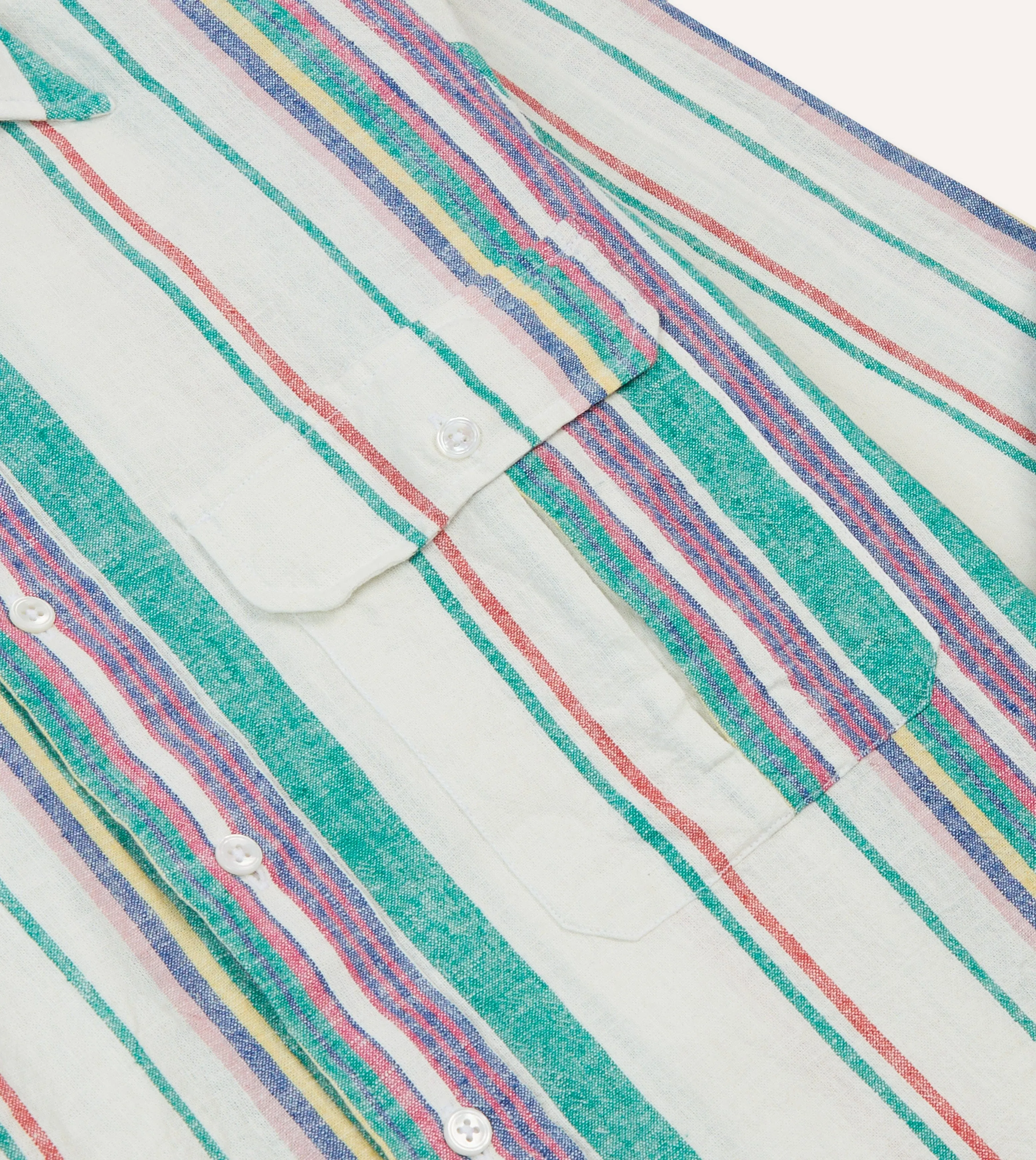 Thermoregulating Fabric Ecru, Purple and Green Stripe Linen-Cotton Long Point Collar Shirt