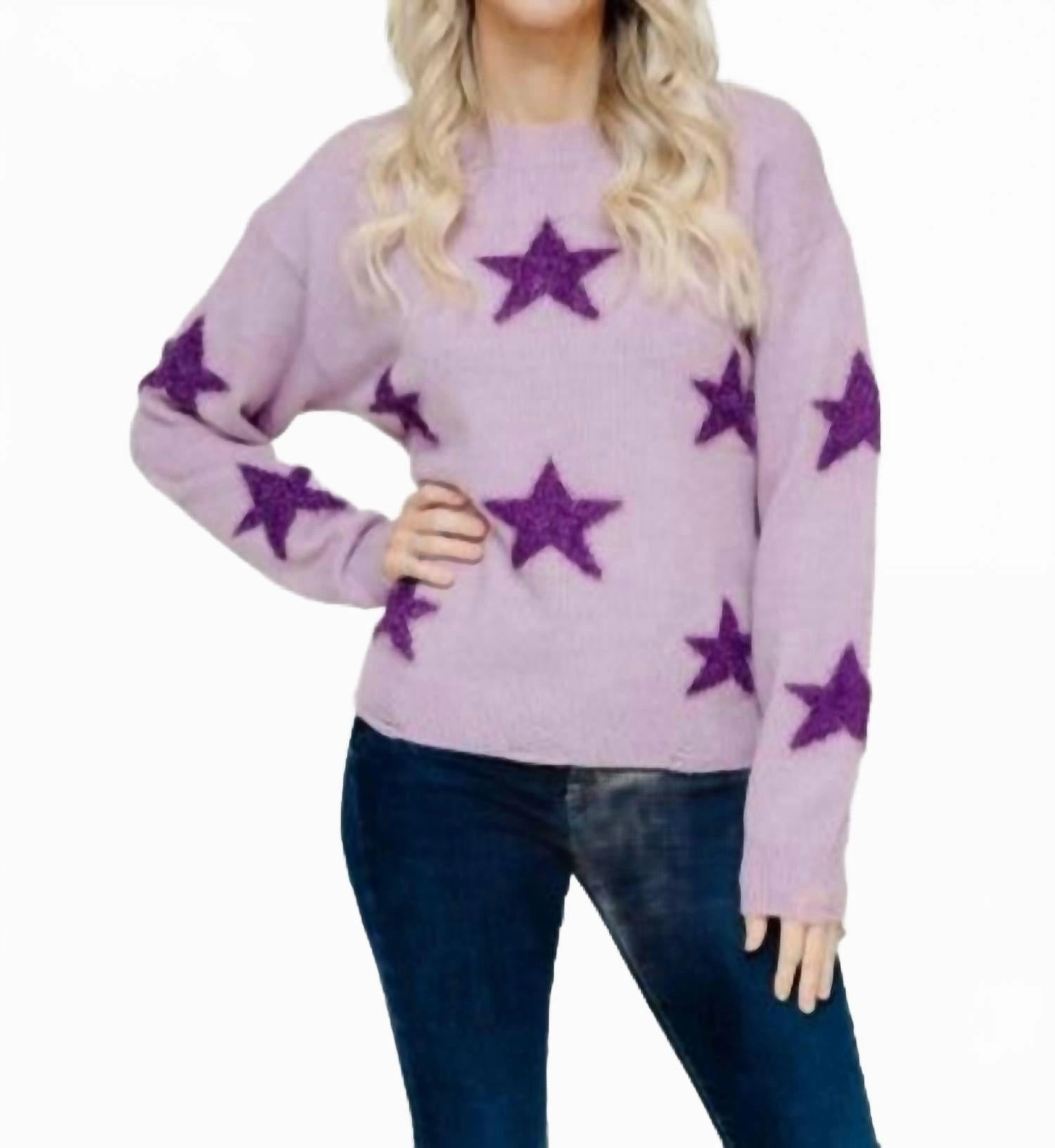 Darby Distressed Star Sweater In Lavender Chilly Comfort Look