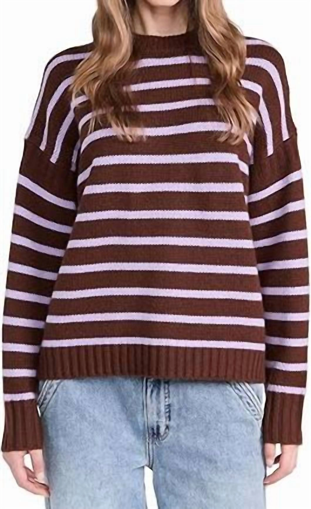 Women's Cashmere Blend Striped Crewneck In Umber/iris Casual Wear Winter Styling