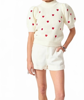 Lucy Embroidered Heart Sweater In Off White / Red Plush Inner Lining