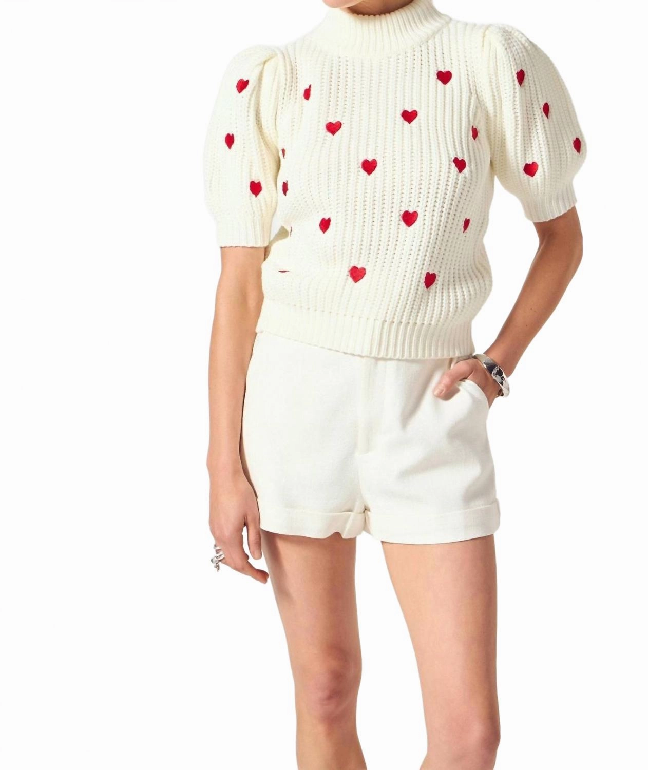 Lucy Embroidered Heart Sweater In Off White / Red Hypoallergenic Fiber