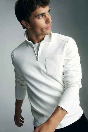 Long sleeve polo half zip with pocket NonIron Finish Durable Cotton