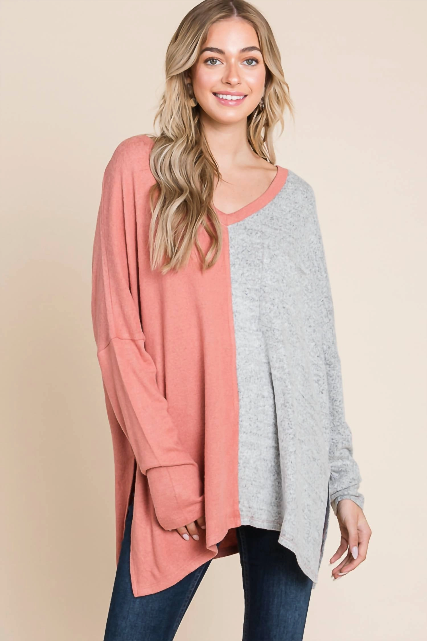 Comfortable apparel Snuggle Style Two Tone Sweater In Aged Rose Combo