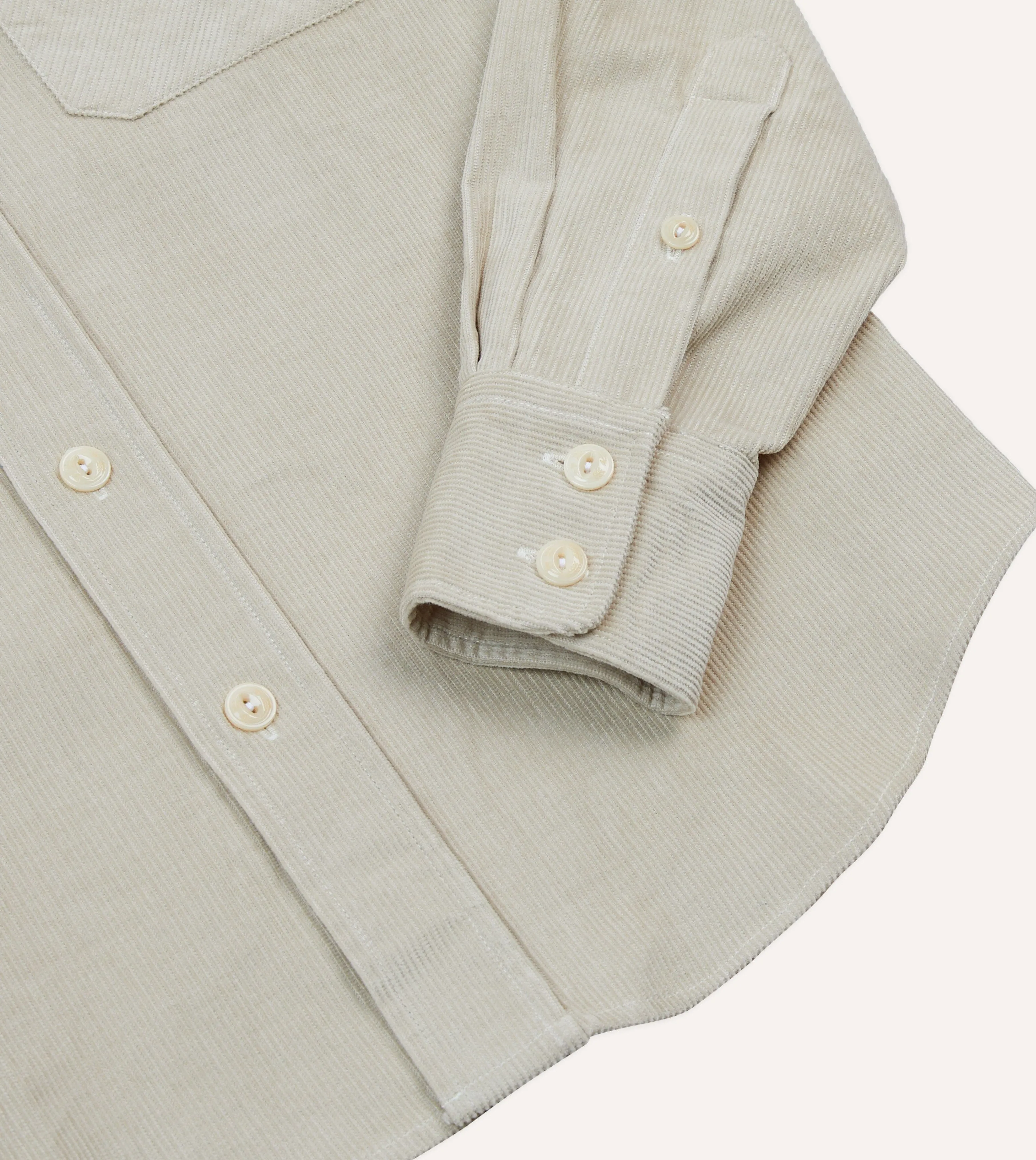 Laser Cut Edge Detail Ecru Corduroy Two-Pocket Western Shirt