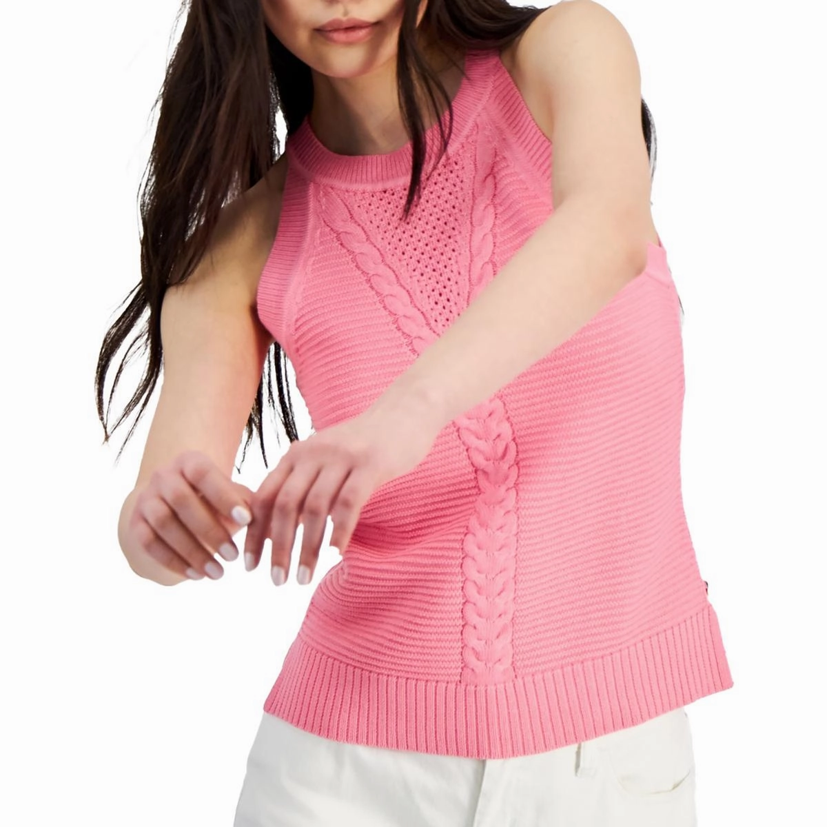 Knitted Layering Eco Friendly Yarn Blend Womens Cable Knit Sleeveless Halter Sweater