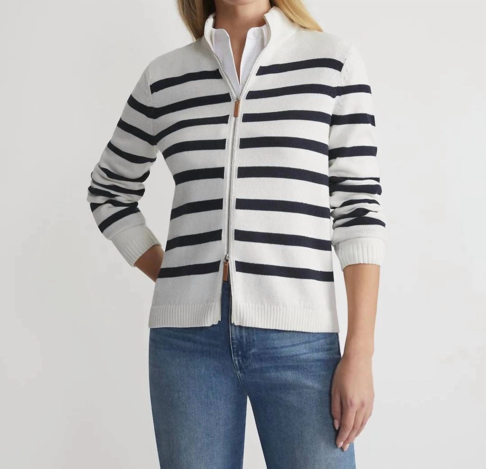 Stripe Cotton-Silk Zip Cardigan In Cloud Multi Black/white Quick Knit