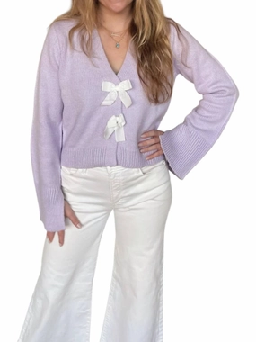 Casual Knit Layer Thermal Insulation Technology Jasmine V Neck Bow Tie Sweater In Lilac