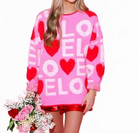 Love 3D Embroidery Valentine Contrast Rib Sweater In Pink Multi Fine Gauge