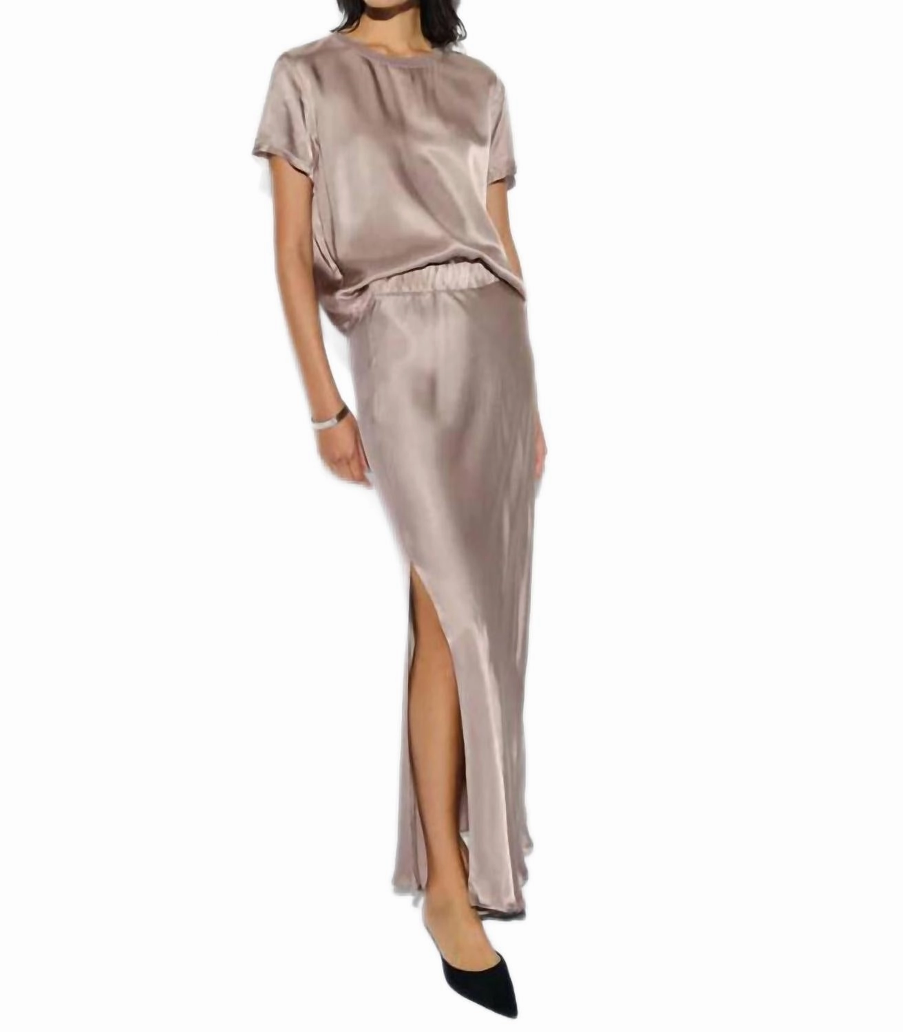 Maribel Bias Skirt With Slit In Beige Layer Combo