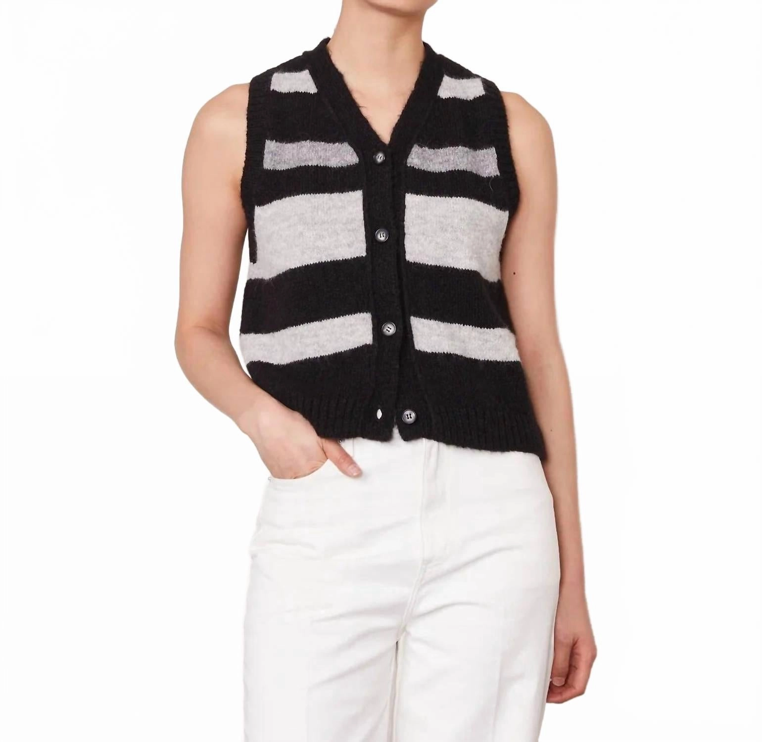 Knit Essentials Marieta Sleeveless Cardigan In Black-Mid Grey-Light Grey
