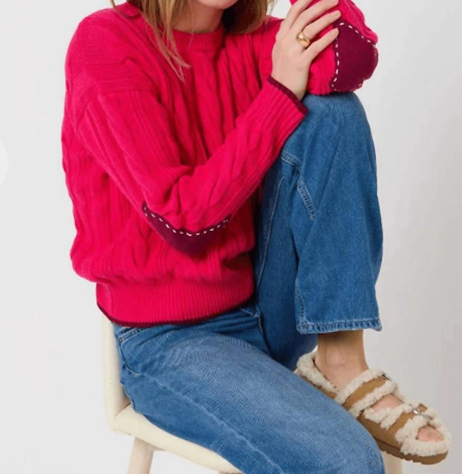 Maxwork Cable Crew Neck Sweater In Berry Snuggle Look Cozy Fit