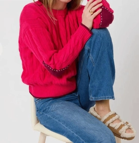 Maxwork Cable Crew Neck Sweater In Berry Layered Knit Breathable fabric