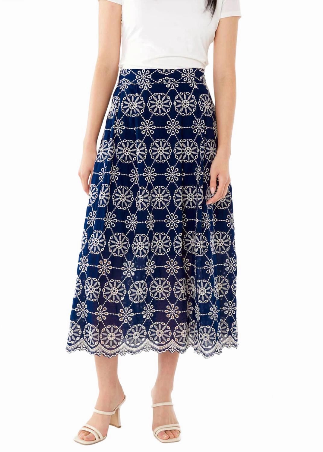 Refined Finish Drawstring closure Medallion Print Midi Skirt In Navy White Eyelet