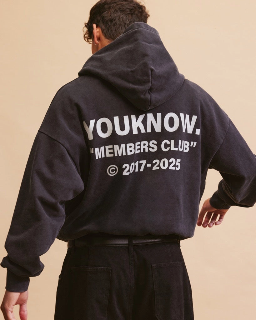 Members Club Hoodie | Washed Black Hip Hop Fashion Rugged Texture