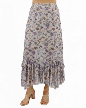 Mesh Floral Maxi Skirt In Ivory Adjustable Waistband