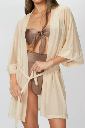 Zero Pilling Guarantee Moisture Wicking Knit Mesh Kimono In Sand