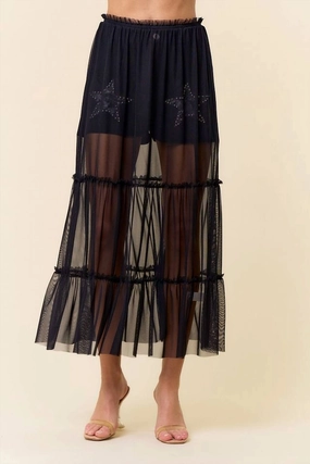 Mesh Sheer Tiered Skirt In Black Wrinkle Resistant Comfortable Motion