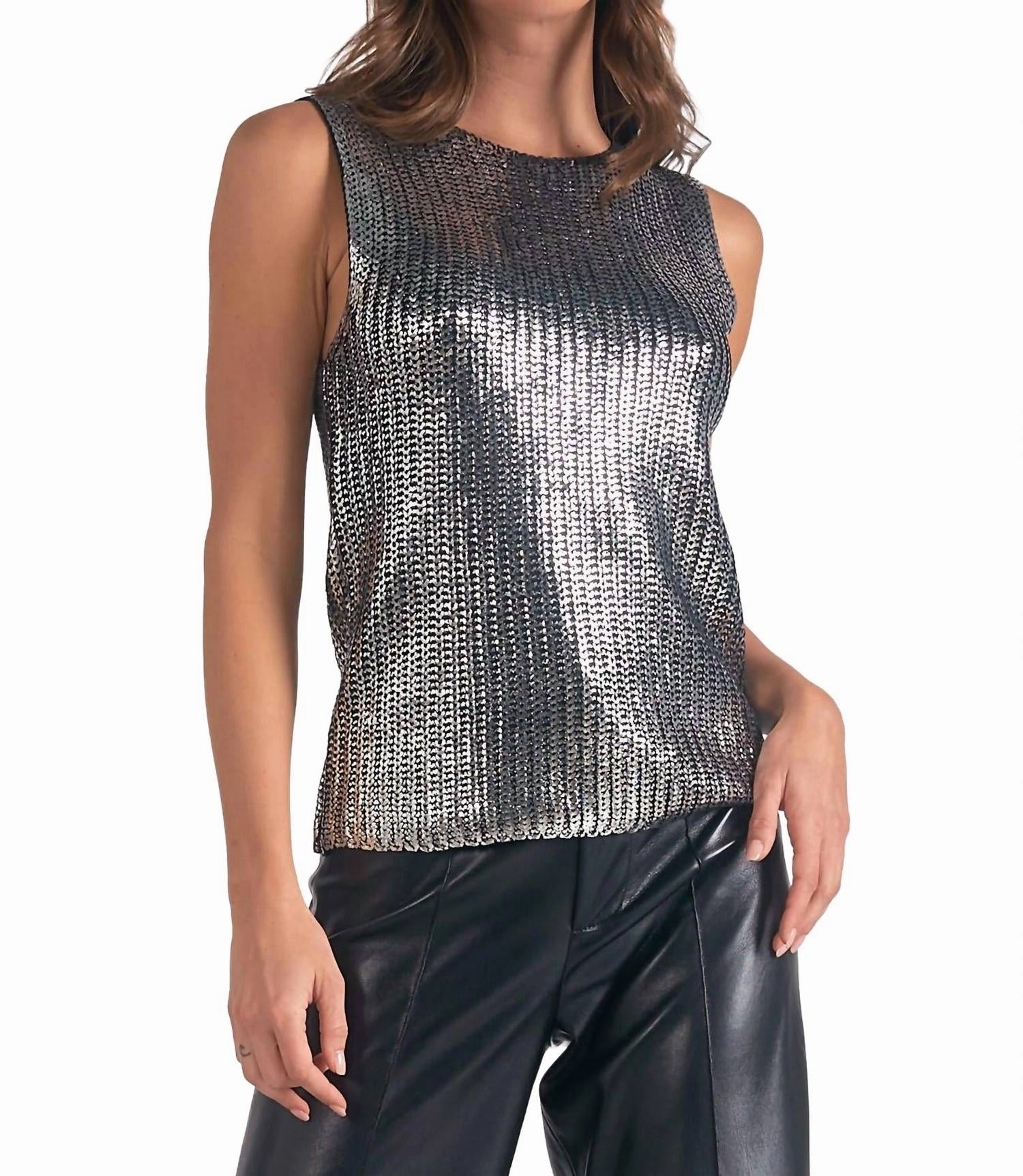 Metallic Sleeveless Sweater In Silver High Neckline