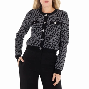 Ribbed Hem Comfy Look Michael Kors Long Sleeved Monogram Pattern Cardigan
