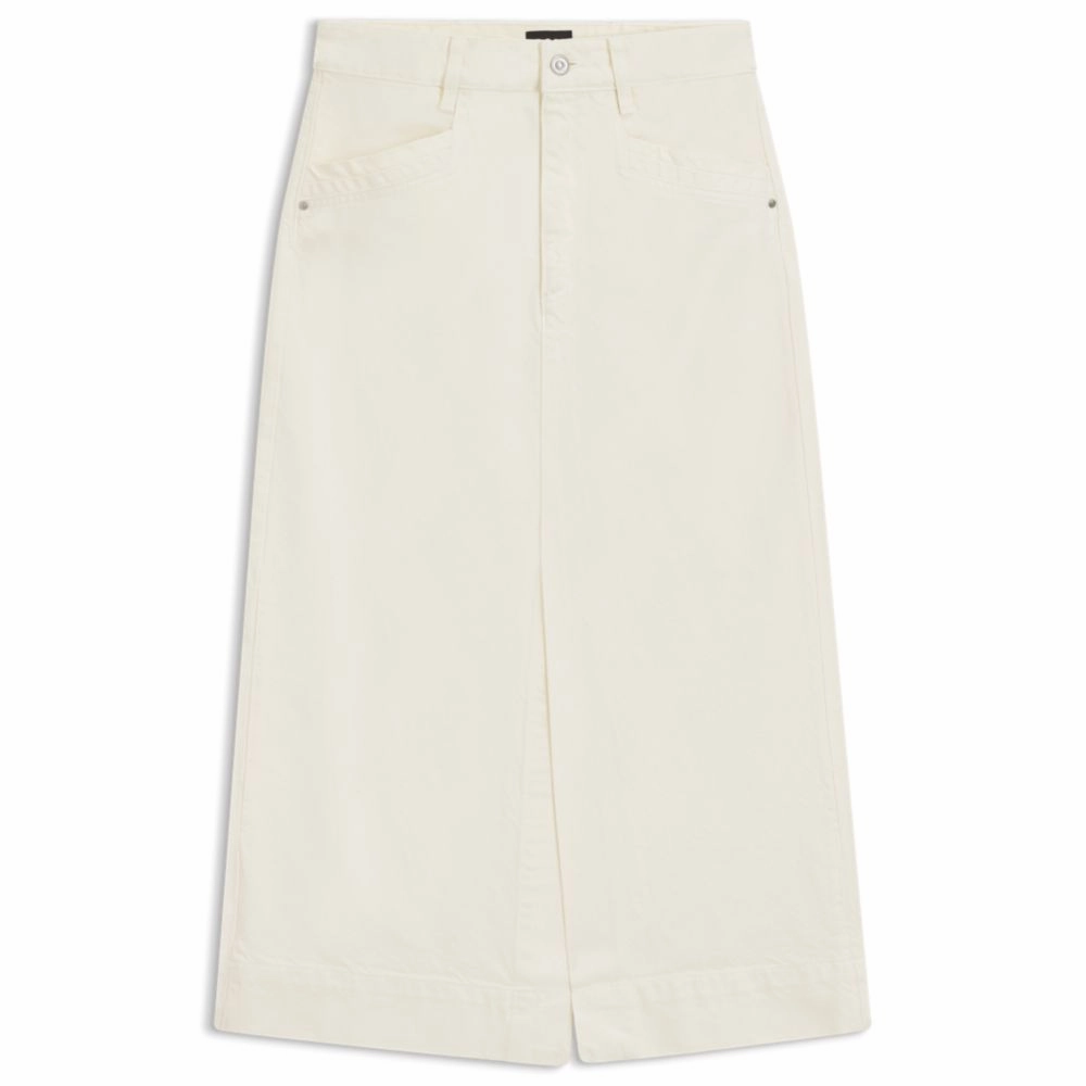 Midi-length skirt in off-white rigid denim Smart Edge Light Touch