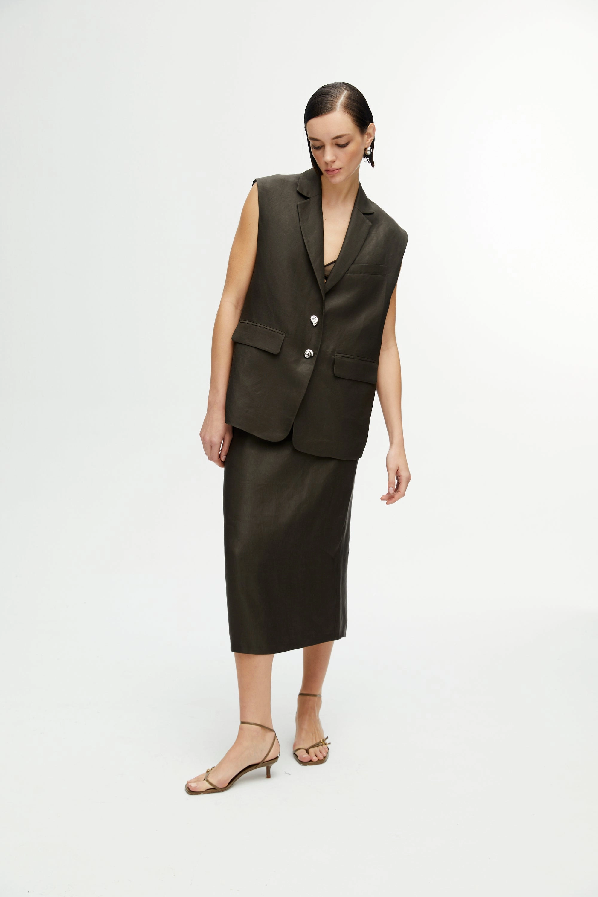Midi Skirt with Back Slits Layered Style Mid Length