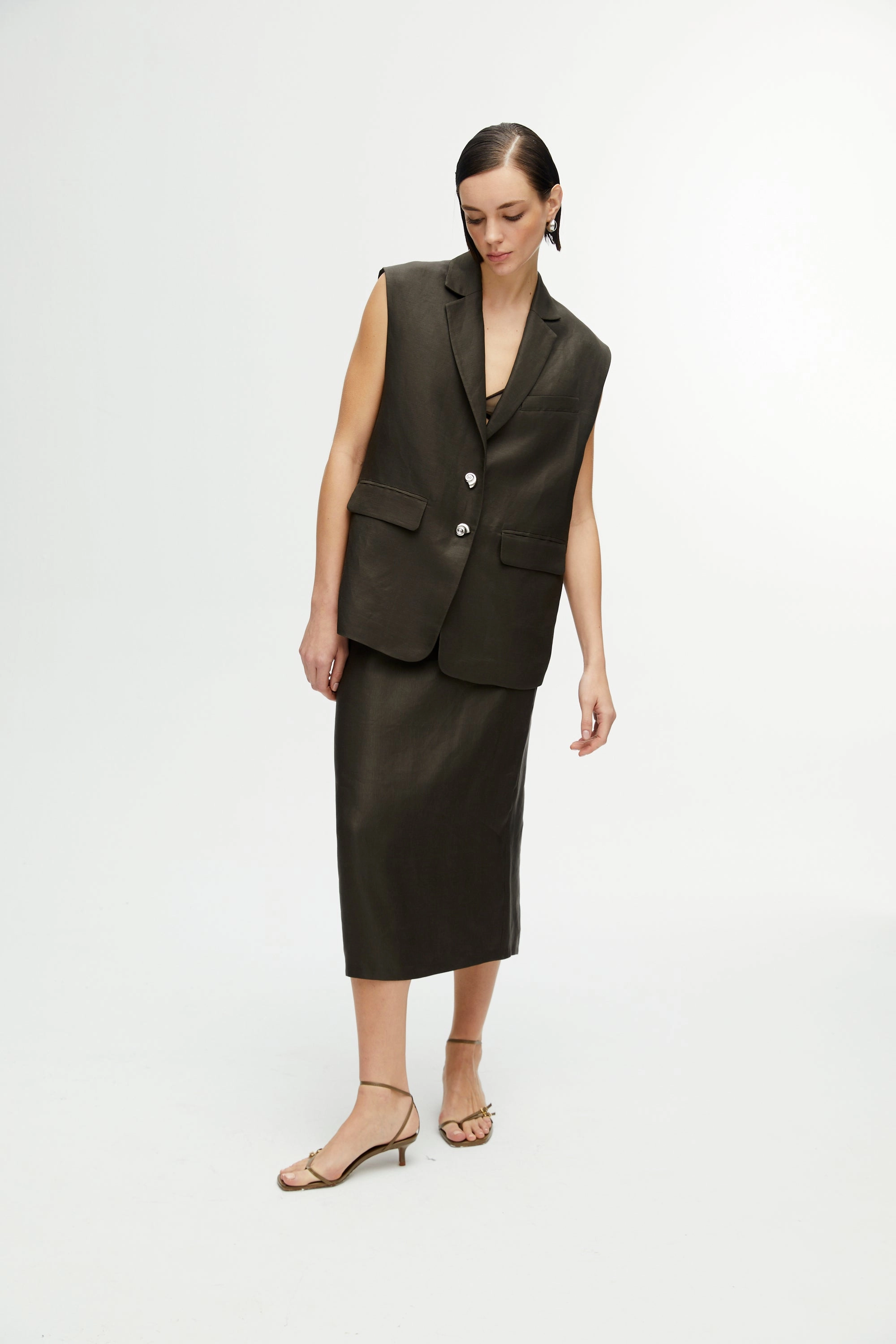 Midi Skirt with Back Slits Push Button Closure Modern Outfit