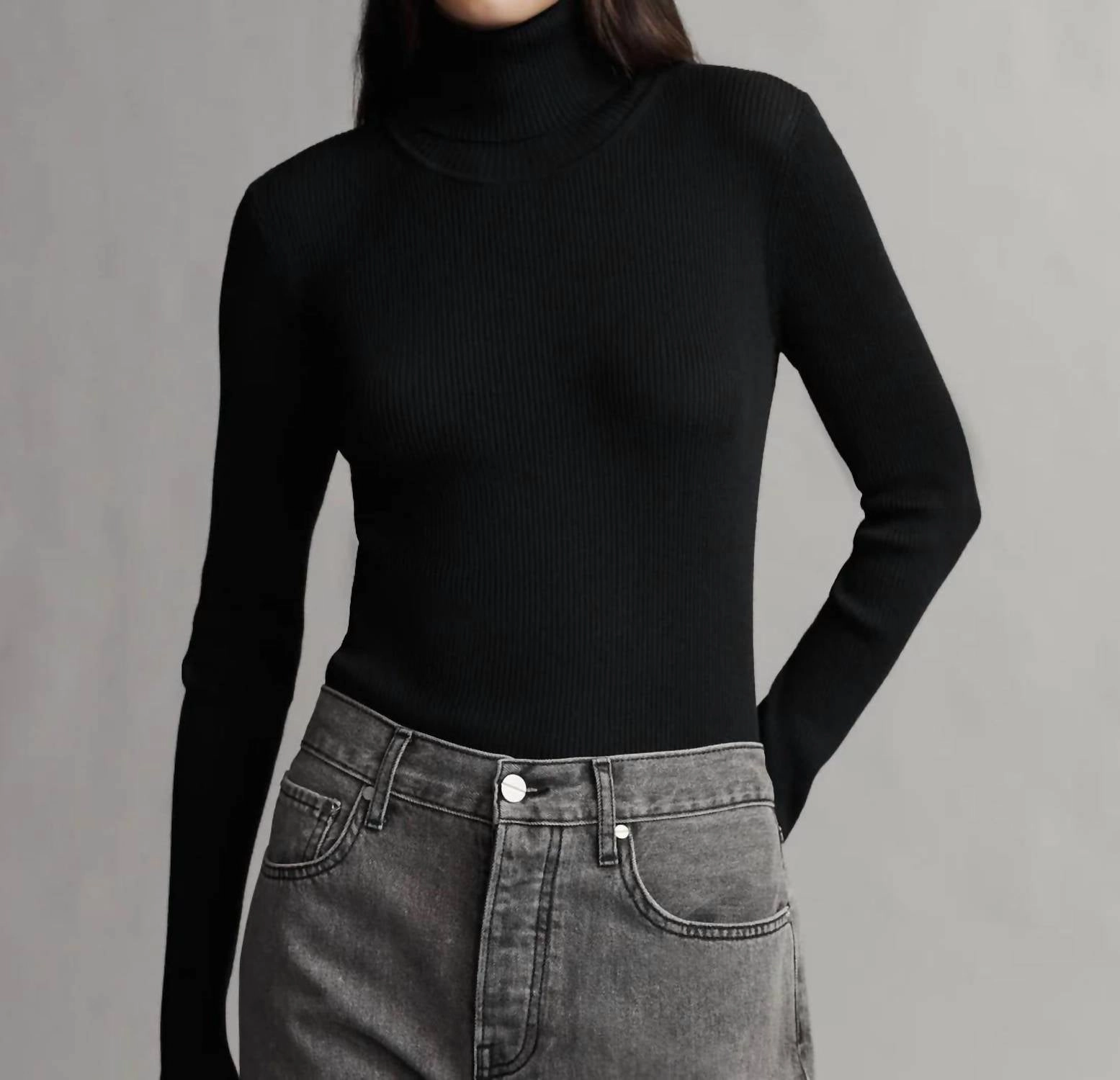 Merino Wool Turtleneck In Black Drop Needle Detailing Durable Fabric