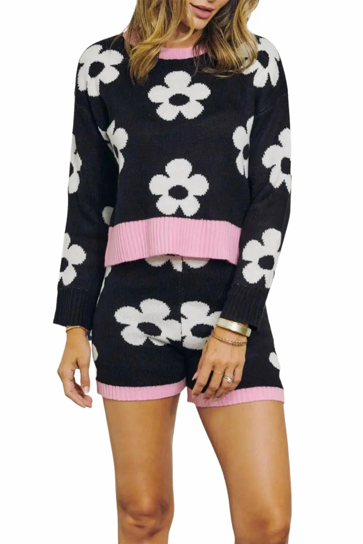 Cozy pieces Layered Thermal Core Retro Floral Knit Crewneck Cropped Sweater In Black/white/pink