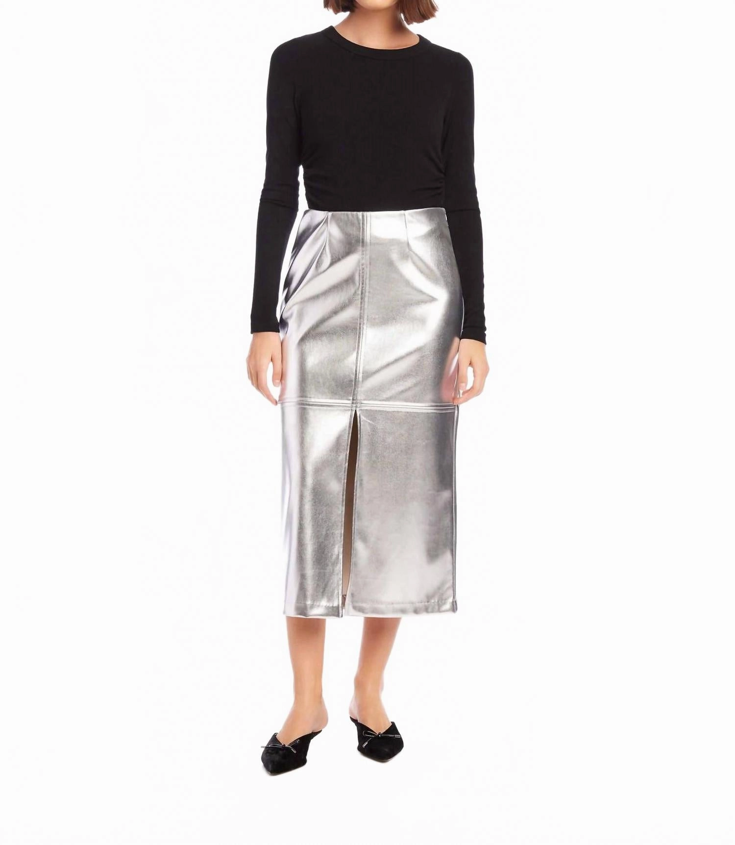 Kaia Faux Leather Front Slit Midi Skirt In Silver Fit Choice Clean Fit