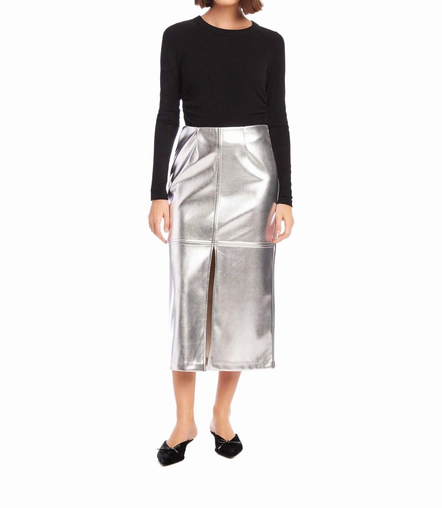 Kaia Faux Leather Front Slit Midi Skirt In Silver Neat Fit