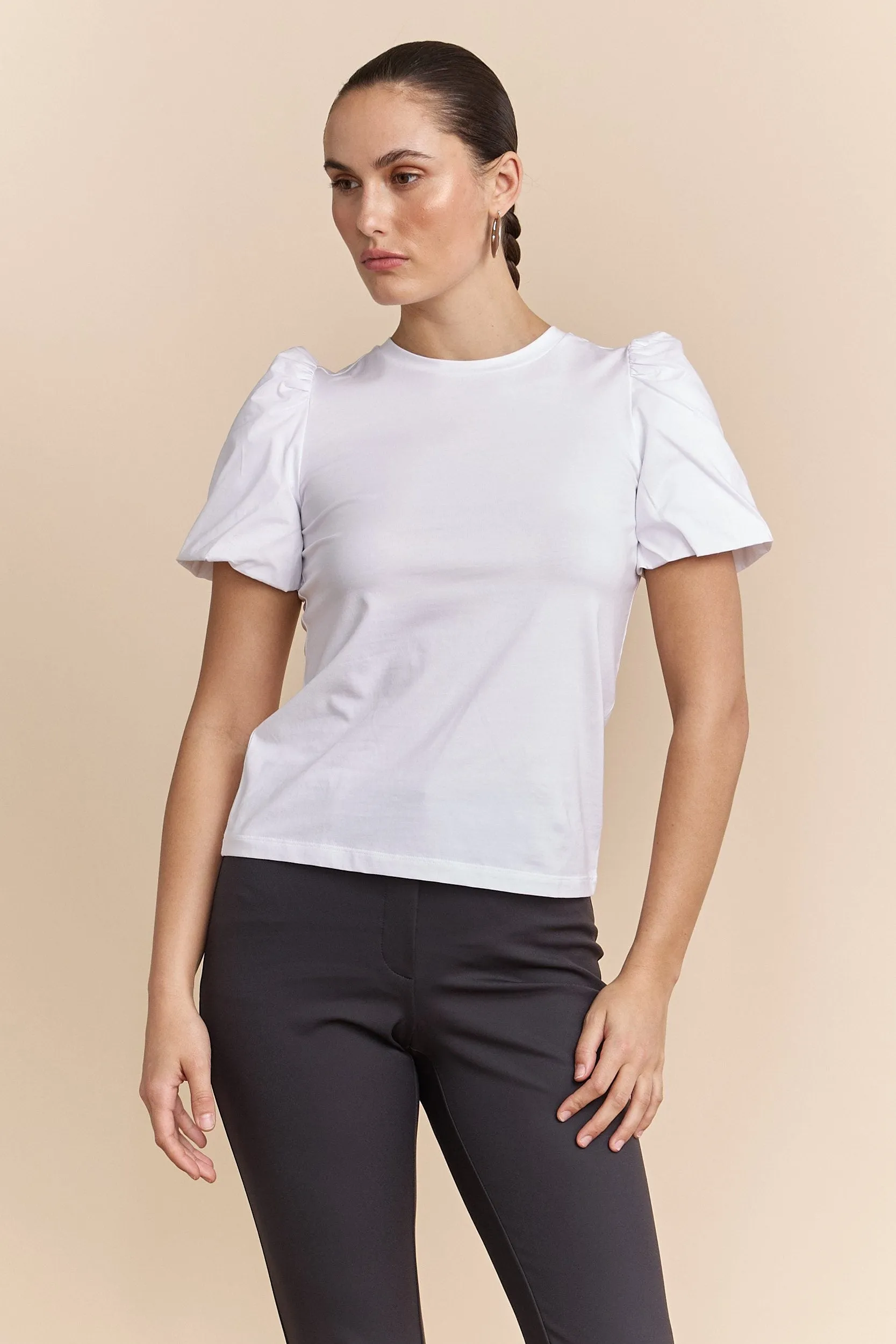Mixted fabrics top with puffy sleeves Pullover Durable Ribbed Hem