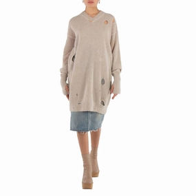 Comfortable Wear Flexible Collar Opening MM6 Ladies Beige Distressed-Effect Knitted Jumper