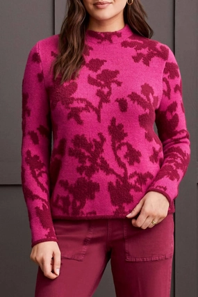 Bias Cut Hem Details Mock Neck Jacquard Sweater In Port Wine