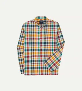 Vintage Style Spring Collection Red, Blue and Green Madras Check Cotton Mandarin Collar Popover Shirt